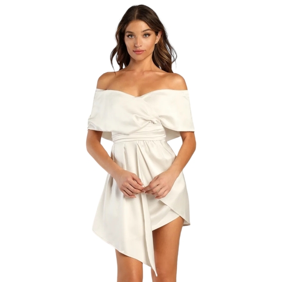 Lulus Dresses & Skirts - Lulu's Always Celebrating Ivory Satin Off The Shoulder Mini Dress